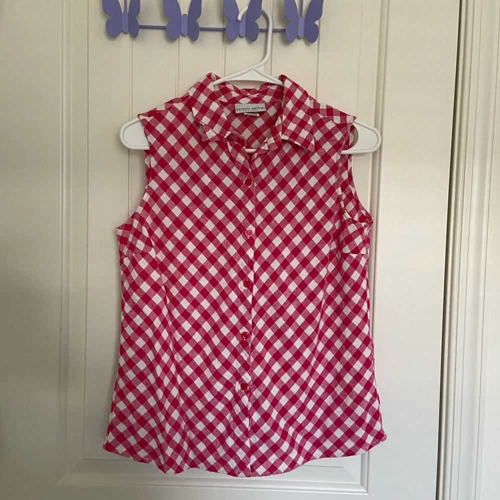 Vintage Jaclyn Smith classic women’s sleeveless gingham linen blend top — medium